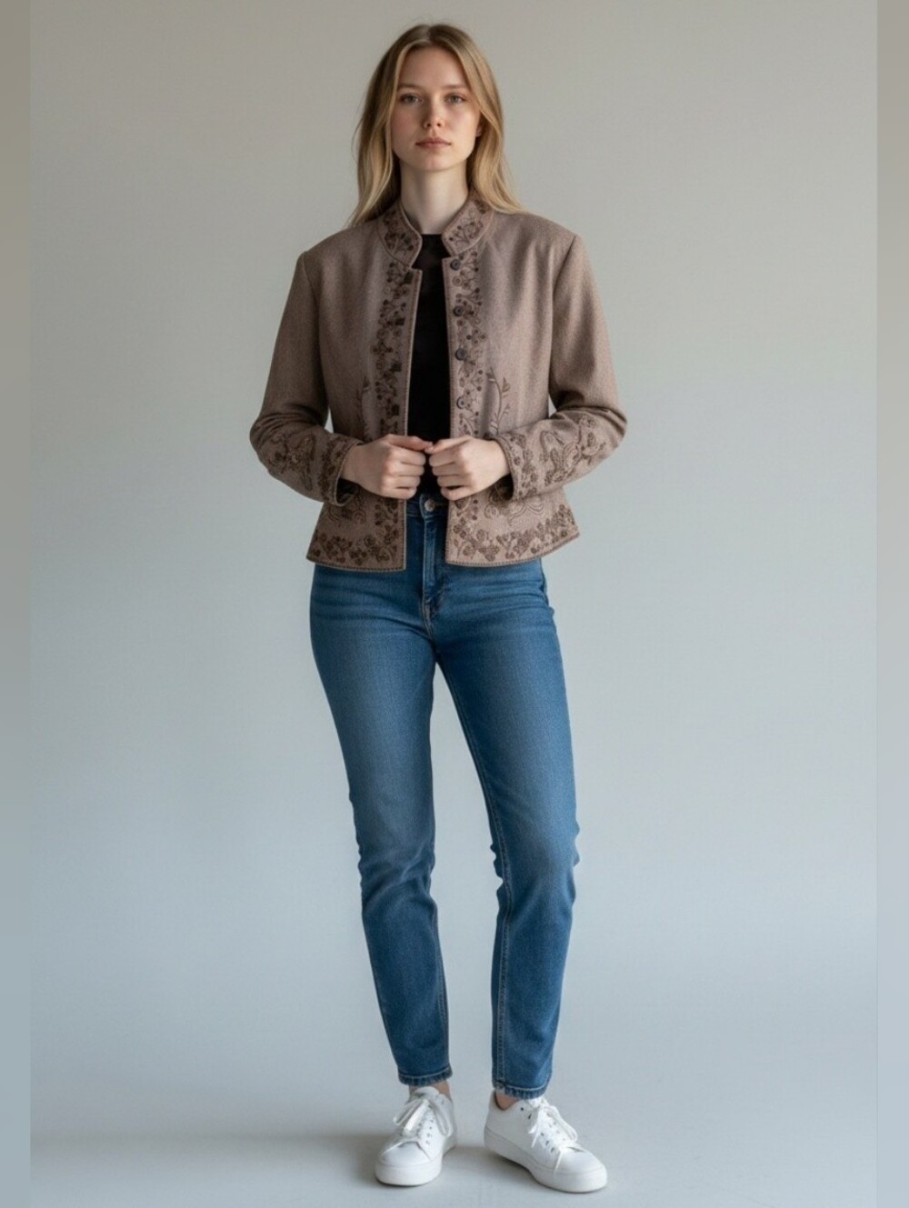 Peter Nygard Taupe Embroidered Collar Jacket
